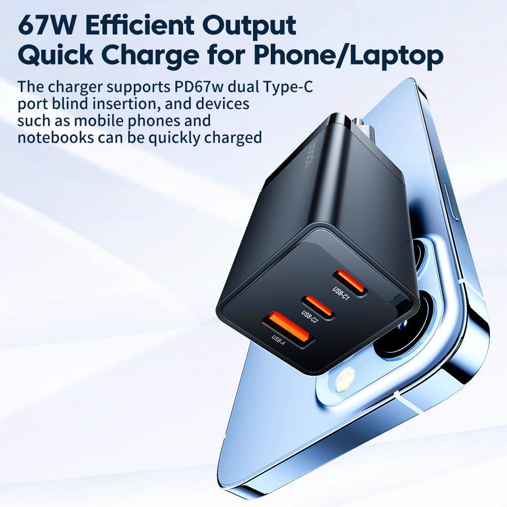 TOOCKI PD 67W Fast Charging Adapter Dual Type-C+1 USB-A GaN Wall Charger