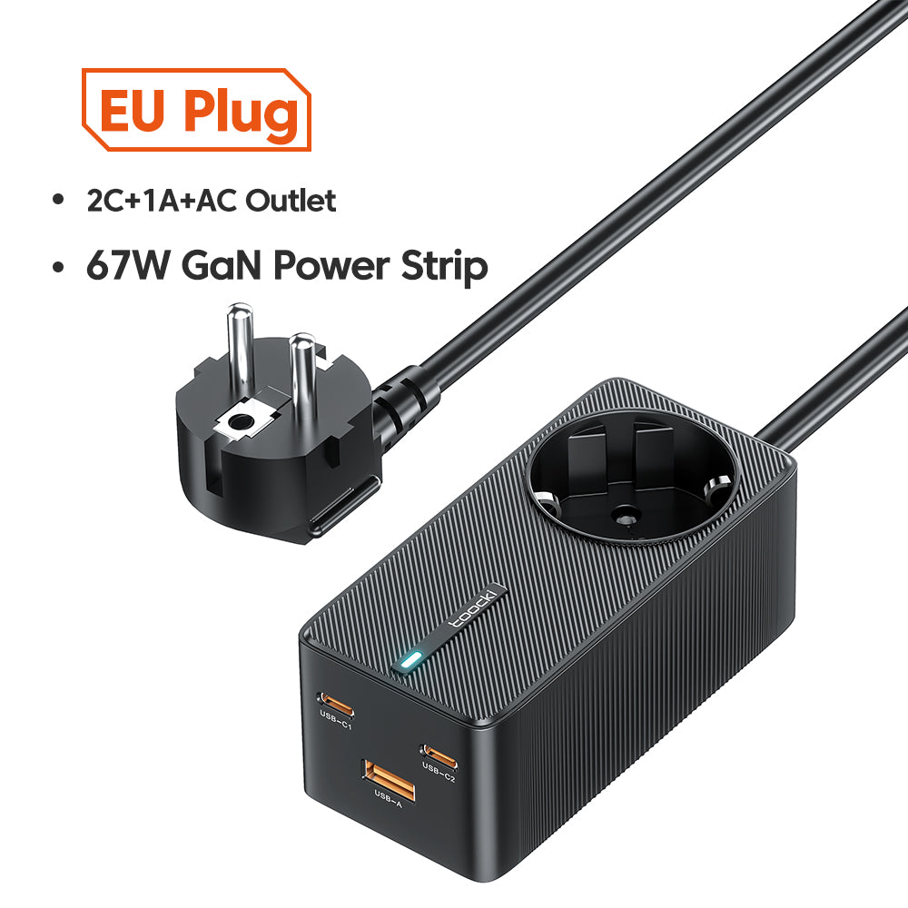 TOOCKI Dual Type-C+USB-A+AC Outlet PD 67W Fast Charging GaN Power Adapter Socket, EU Plug