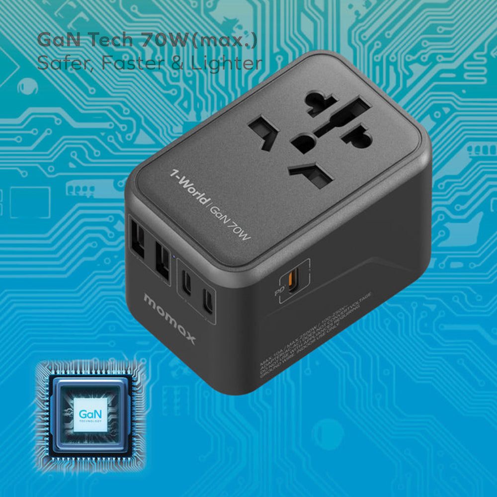 MOMAX UA8A 1-World PD 70W GaN 5 Ports + AC Travel Adapter Global Wall Charger