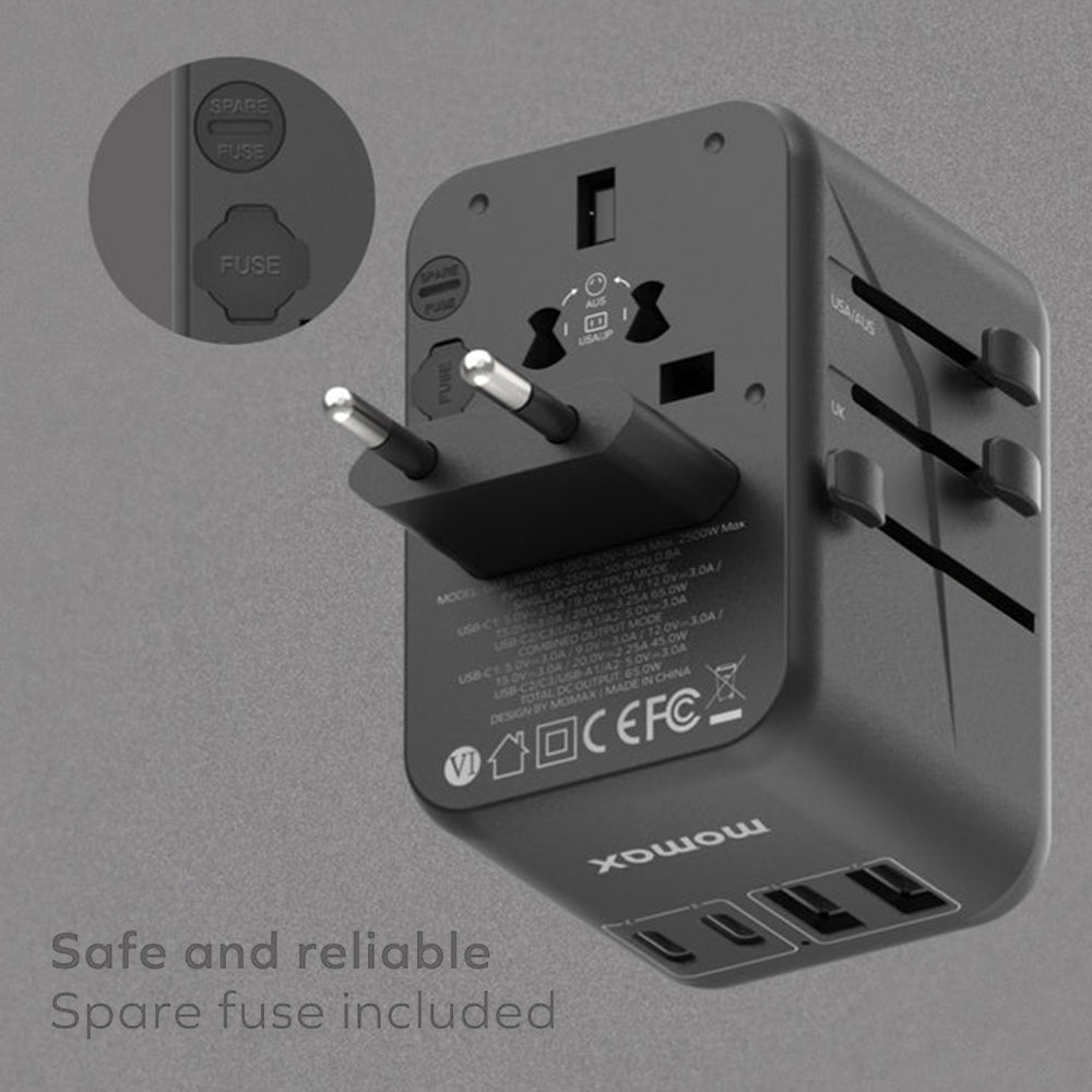 MOMAX UA8A 1-World PD 70W GaN 5 Ports + AC Travel Adapter Global Wall Charger
