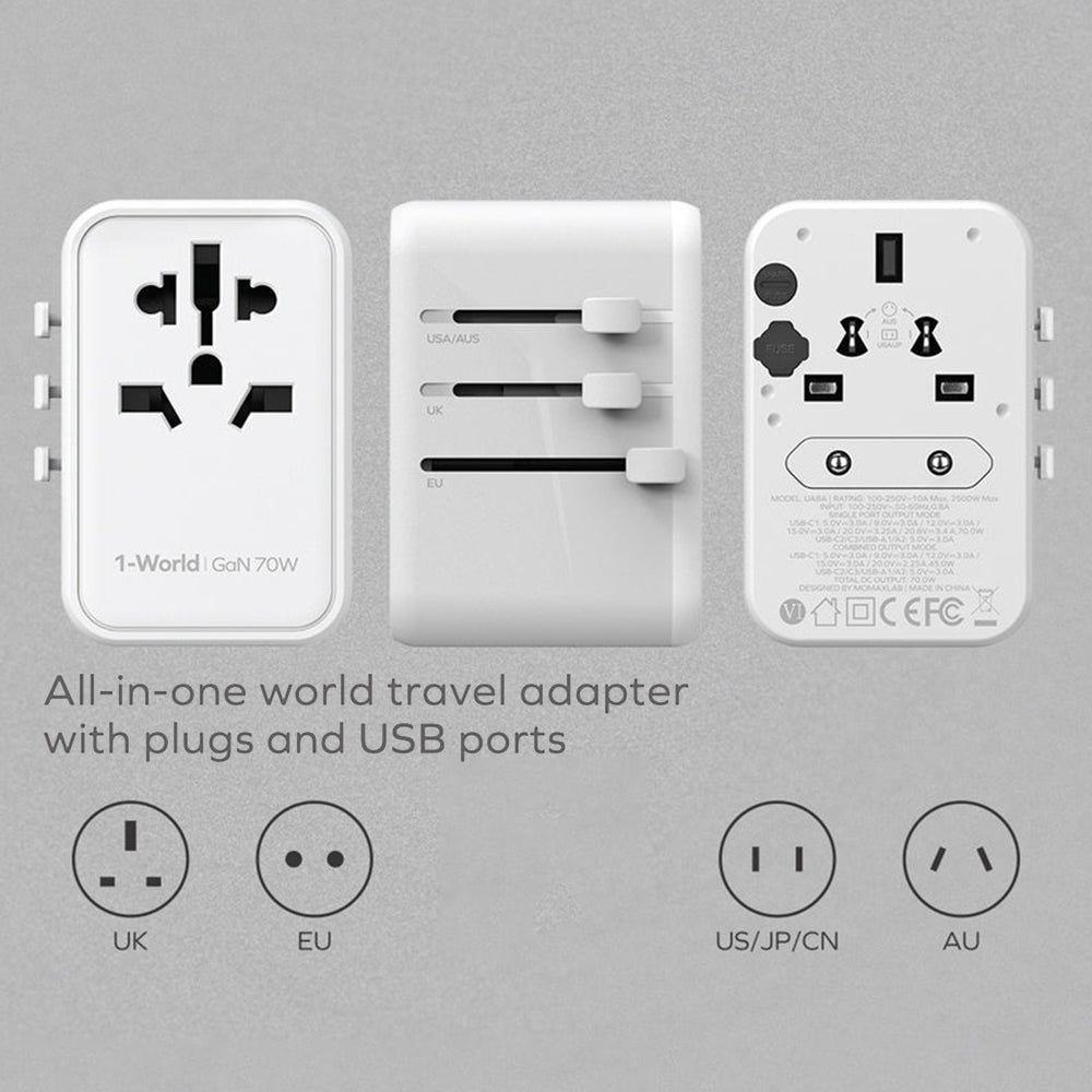 MOMAX UA8A 1-World PD 70W GaN 5 Ports + AC Travel Adapter Global Wall Charger