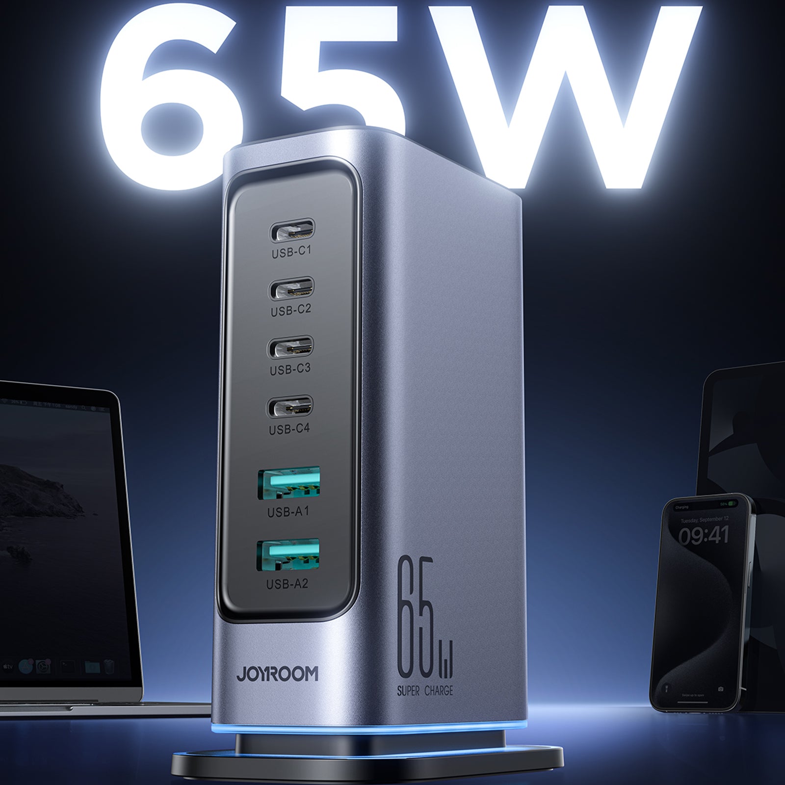 JOYROOM TCM02 65W 6-Port USB Desktop GaN Fast Charging Station Hub Wall Charger