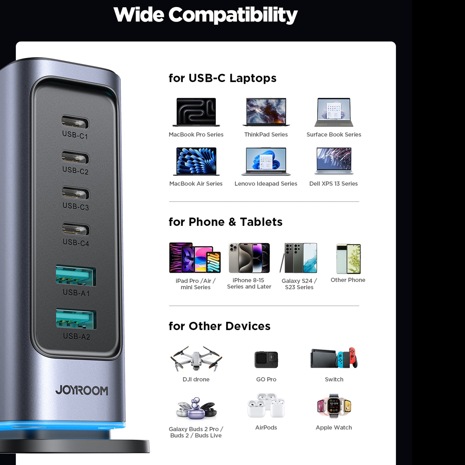 JOYROOM TCM02 65W 6-Port USB Desktop GaN Fast Charging Station Hub Wall Charger