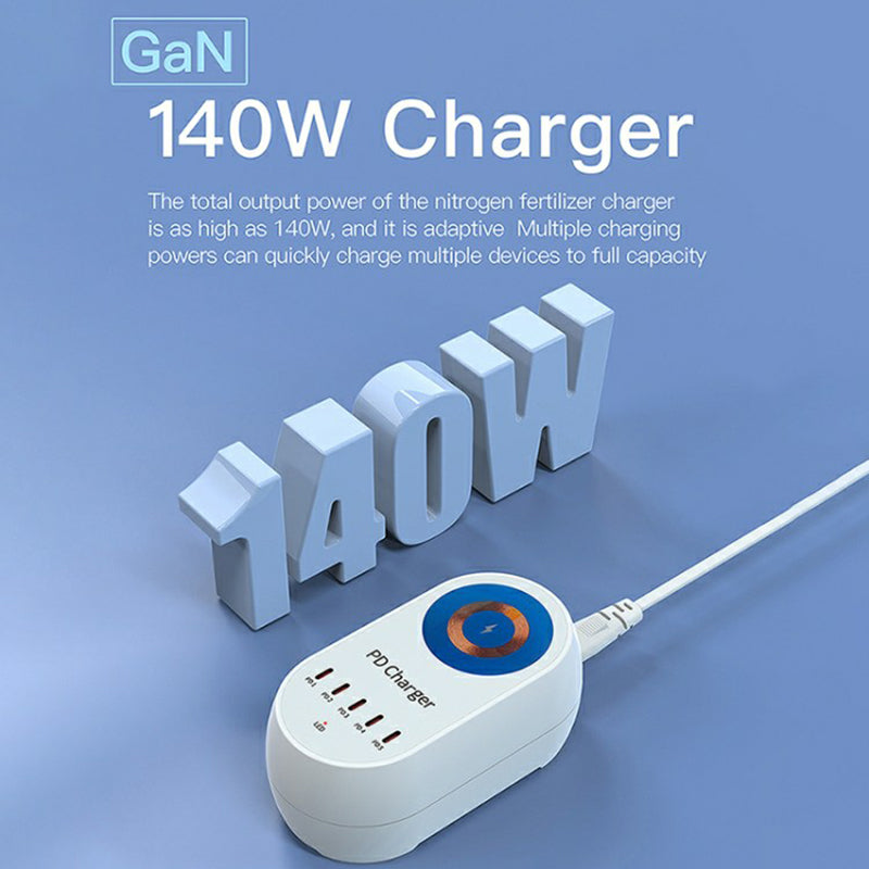 WLX-810C Five PD Ports 140W GaN Desktop Charger Support 15W Wireless Charging