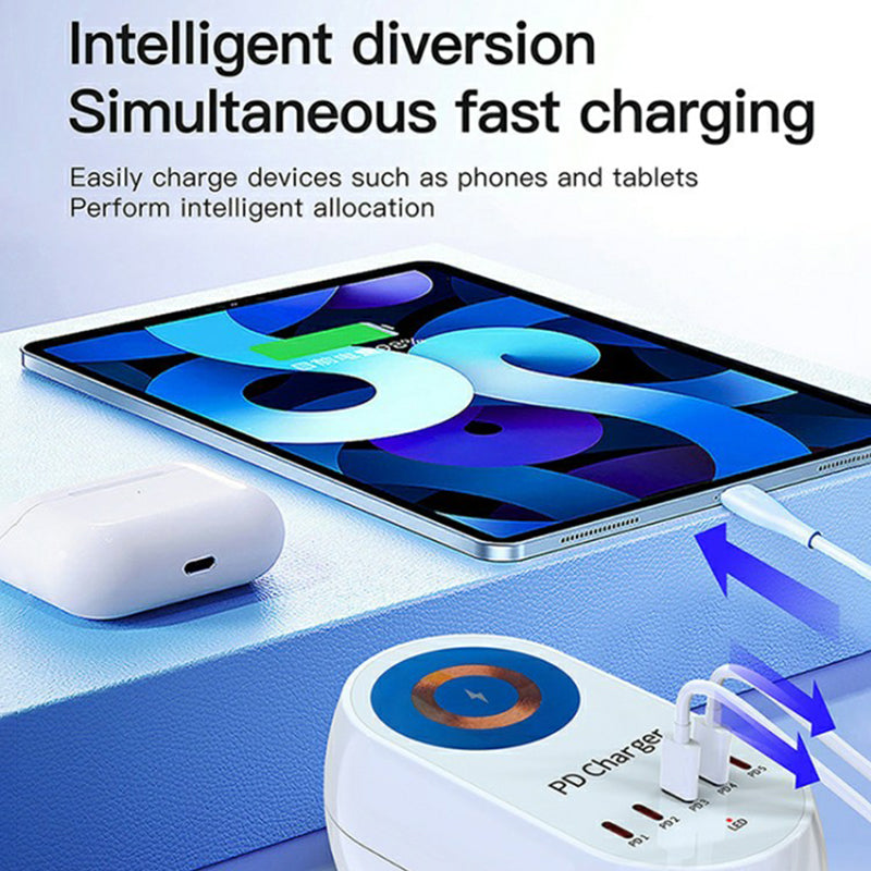 WLX-810C Five PD Ports 140W GaN Desktop Charger Support 15W Wireless Charging