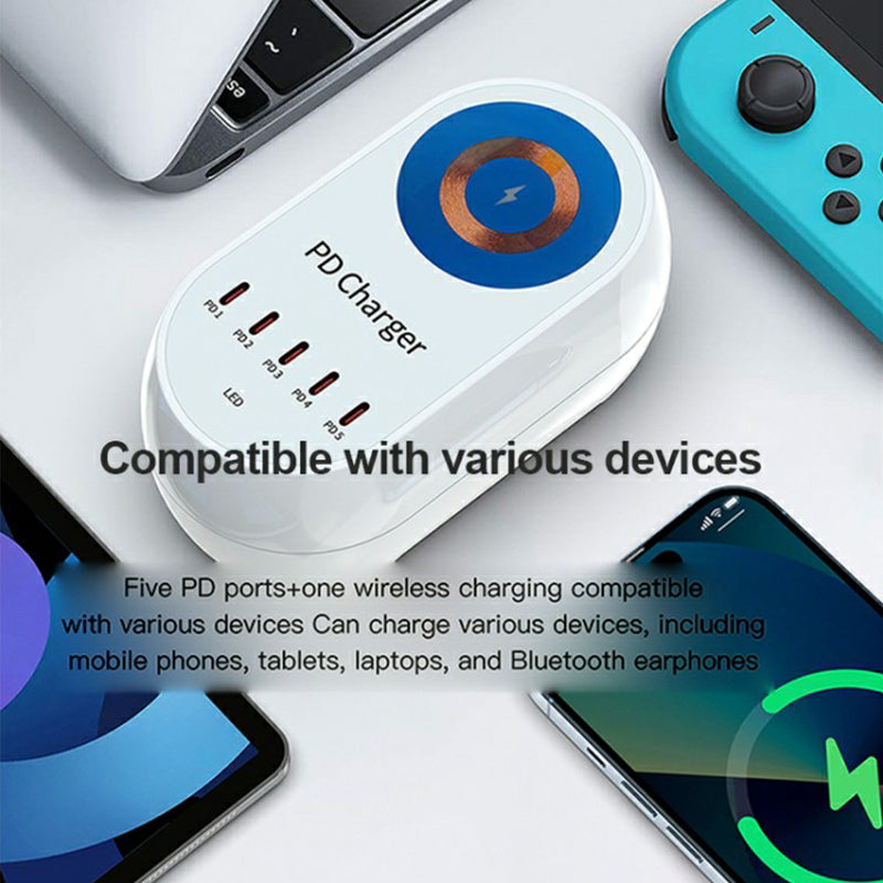 WLX-810C Five PD Ports 140W GaN Desktop Charger Support 15W Wireless Charging