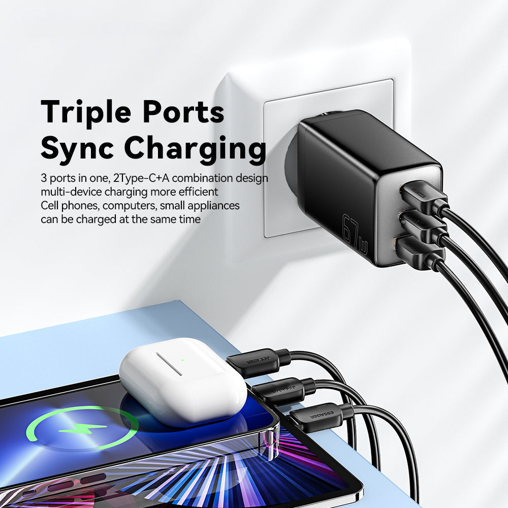 ESSAGER 67W High Power GaN Travel Adapter USB-A + 2 Type-C Portable Wall Charger