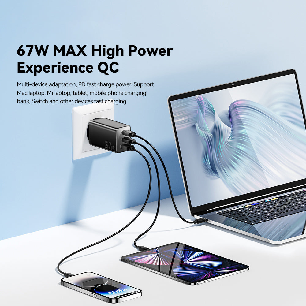 ESSAGER 67W High Power GaN Travel Adapter USB-A + 2 Type-C Portable Wall Charger