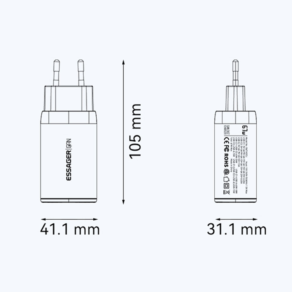 ESSAGER 67W High Power GaN Travel Adapter USB-A + 2 Type-C Portable Wall Charger