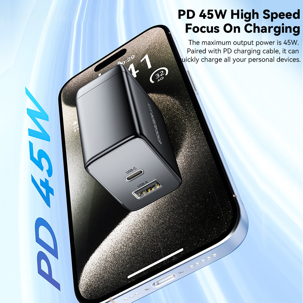 ESSAGER ES-CD40 45W GaN Travel Charger Type-C + USB-A Phone Tablet Power Adapter