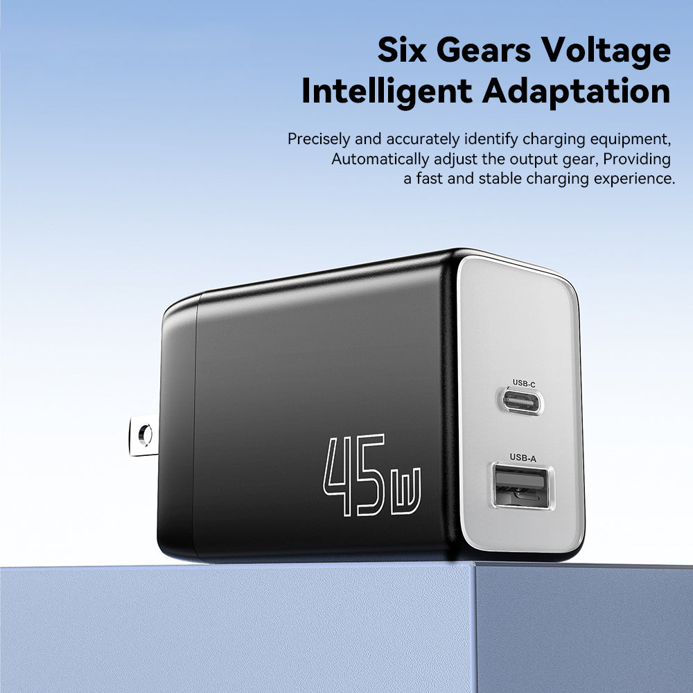 ESSAGER ES-CD40 45W GaN Travel Charger Type-C + USB-A Phone Tablet Power Adapter
