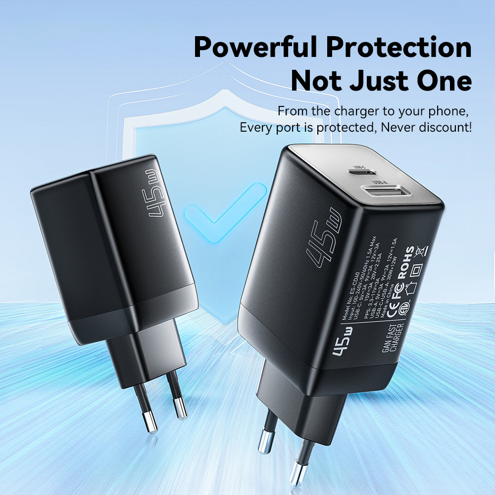 ESSAGER ES-CD40 45W GaN Travel Charger Type-C + USB-A Phone Tablet Power Adapter