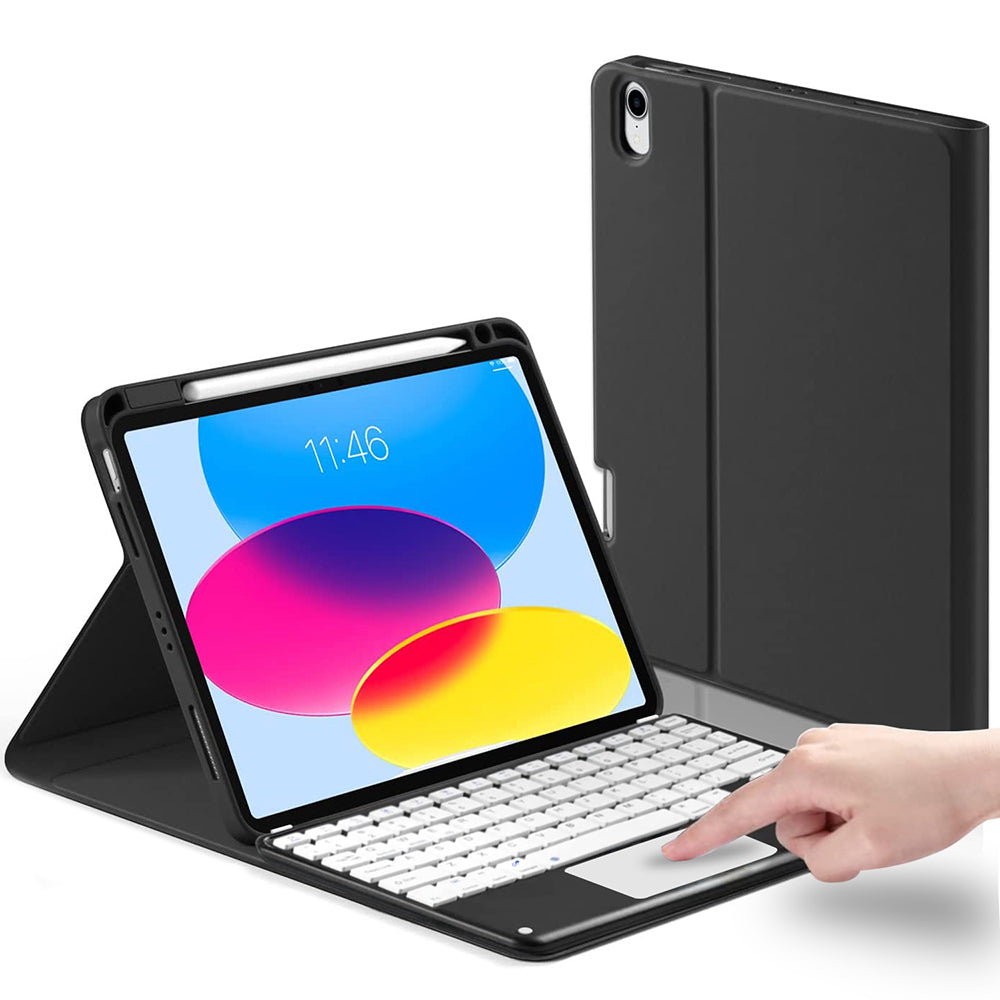 For iPad 10.9 (2022) Tablet Stand Case Skin-touch PU Leather Cover + Square Keys Bluetooth Keyboard