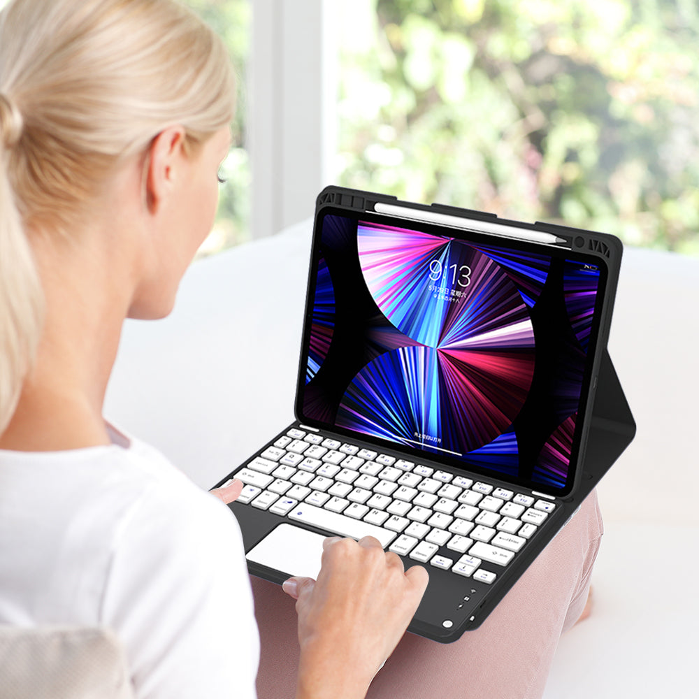 For iPad 10.9 (2022) Tablet Stand Case Skin-touch PU Leather Cover + Square Keys Bluetooth Keyboard