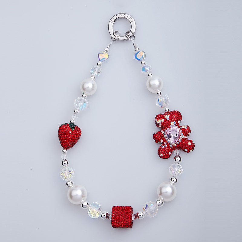 PICOCICI Phone Bracelet Strap Rhinestone Bear Strawberry Pearls Hand Wrist Lanyard