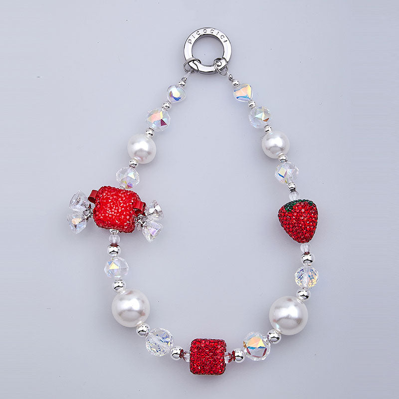 PICOCICI Phone Charms Bracelet Chain Strawberry Bell Pearls Decor Hand Strap Phone Lanyard