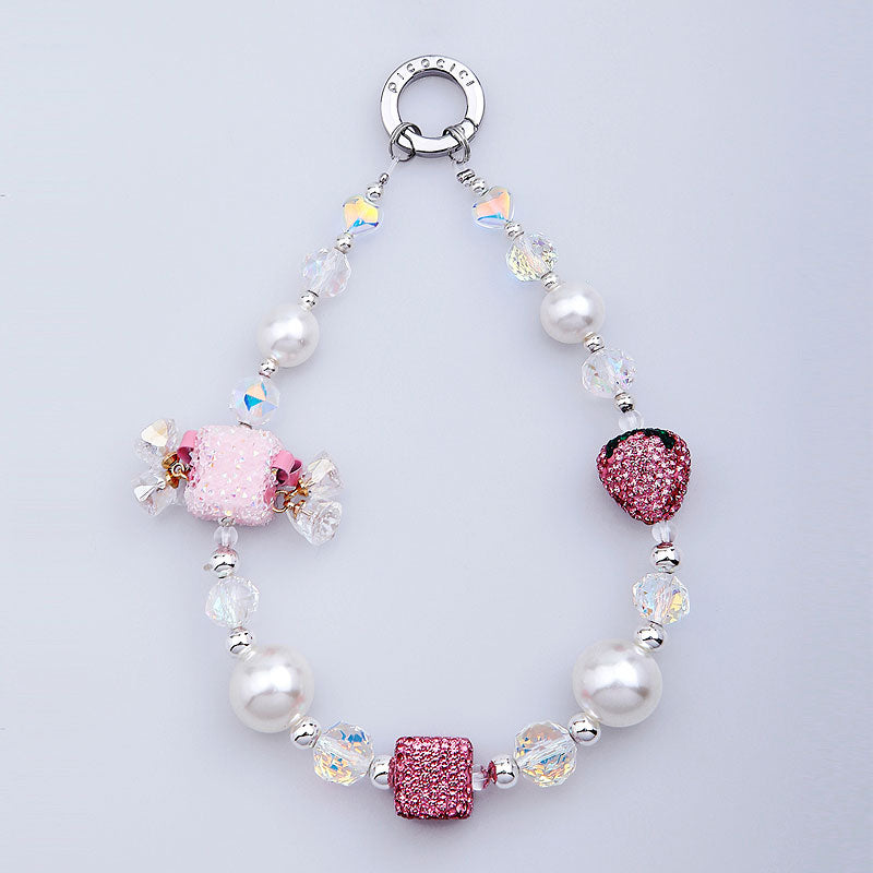 PICOCICI Phone Charms Bracelet Chain Strawberry Bell Pearls Decor Hand Strap Phone Lanyard