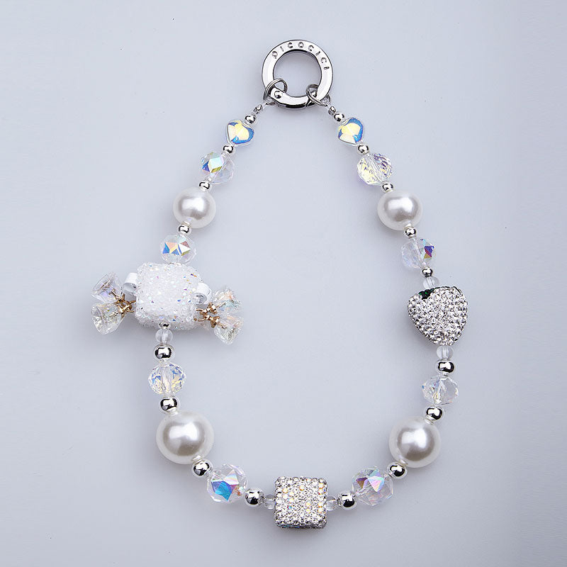 PICOCICI Phone Charms Bracelet Chain Strawberry Bell Pearls Decor Hand Strap Phone Lanyard