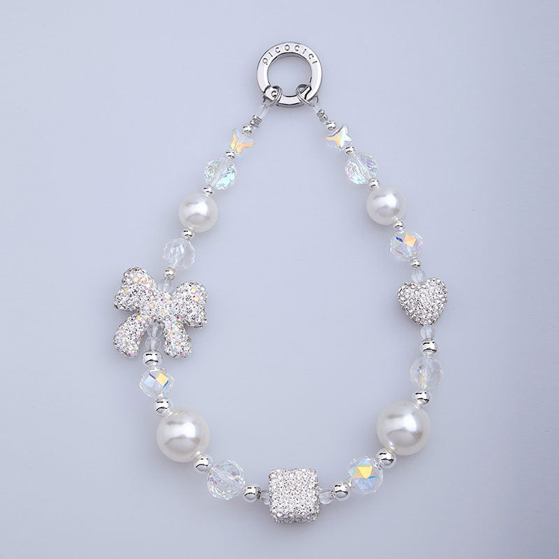 PICOCICI Rhinestone Heart Bowtie Decor Phone Lanyard Beaded Bracelet