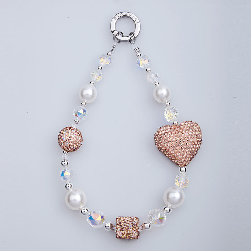 PICOCICI Anti-fall Phone Chain with Rhinestone Heart Cube Decor Beaded Wrist Strap
