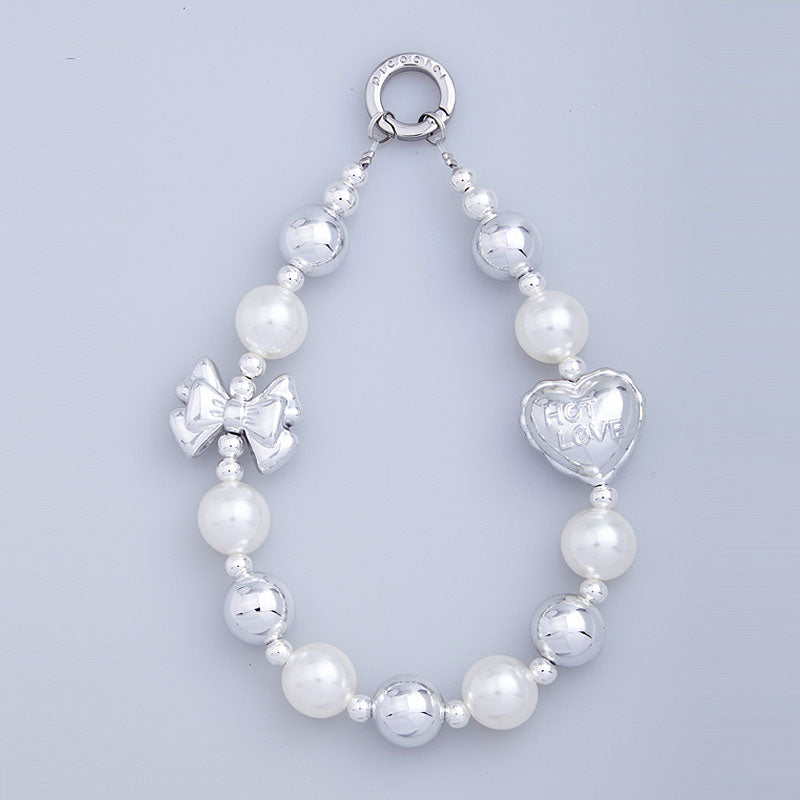 PICOCICI Love Heart Bowknot Decor Phone Anti-drop Lanyard Beaded Bracelet Hand Chain