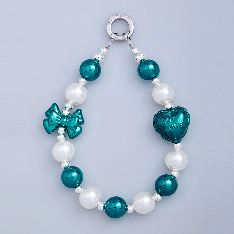 PICOCICI Love Heart Bowknot Decor Phone Anti-drop Lanyard Beaded Bracelet Hand Chain