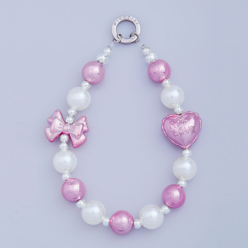 PICOCICI Love Heart Bowknot Decor Phone Anti-drop Lanyard Beaded Bracelet Hand Chain