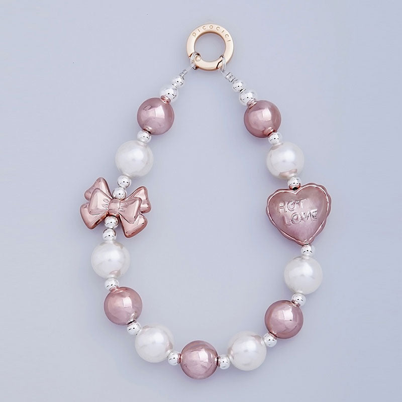 PICOCICI Love Heart Bowknot Decor Phone Anti-drop Lanyard Beaded Bracelet Hand Chain