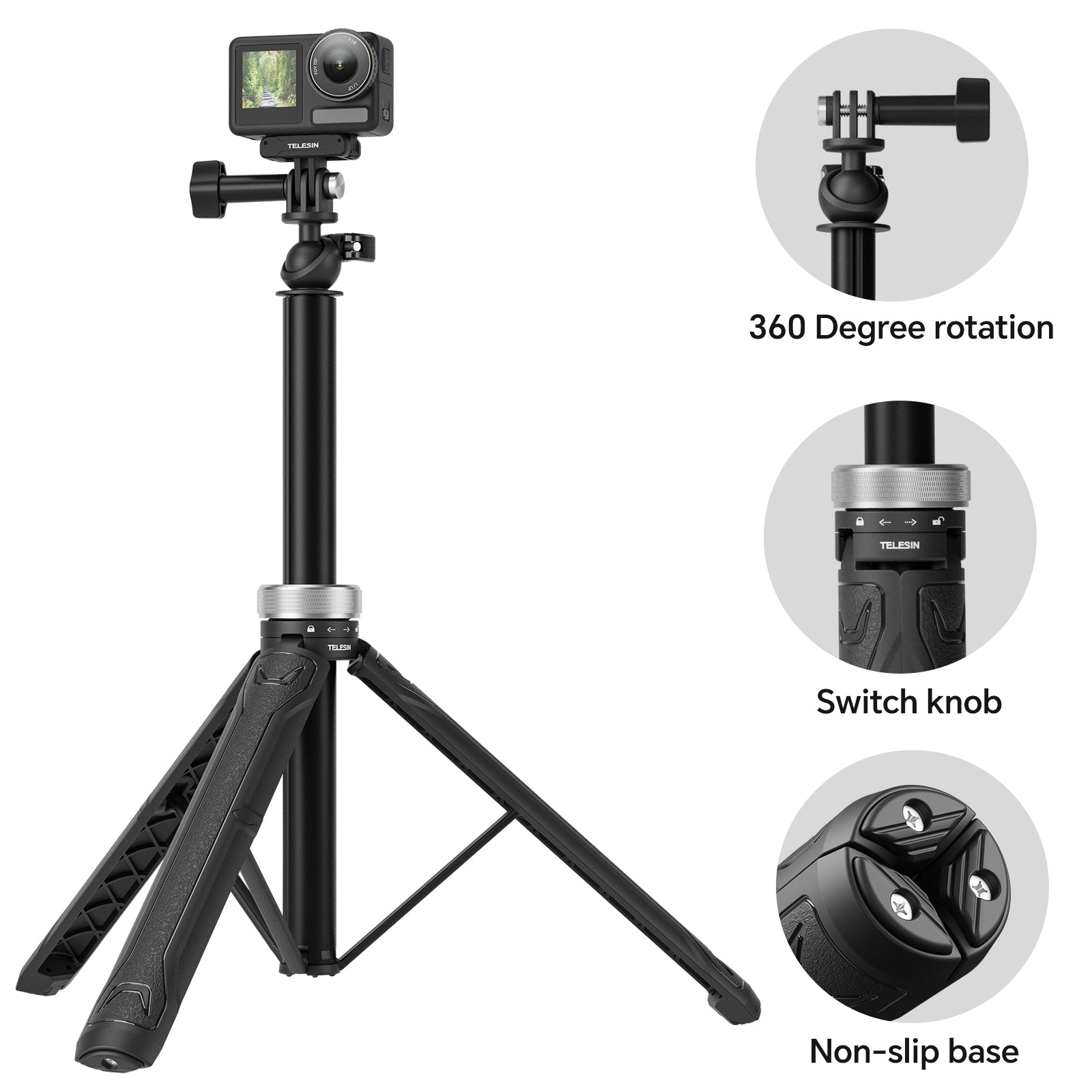 TELESIN S1-TSS-01 Selfie Stick Tripod Ball Joint Extension Pole Monopod Handle Grip for GoPro Action Camera