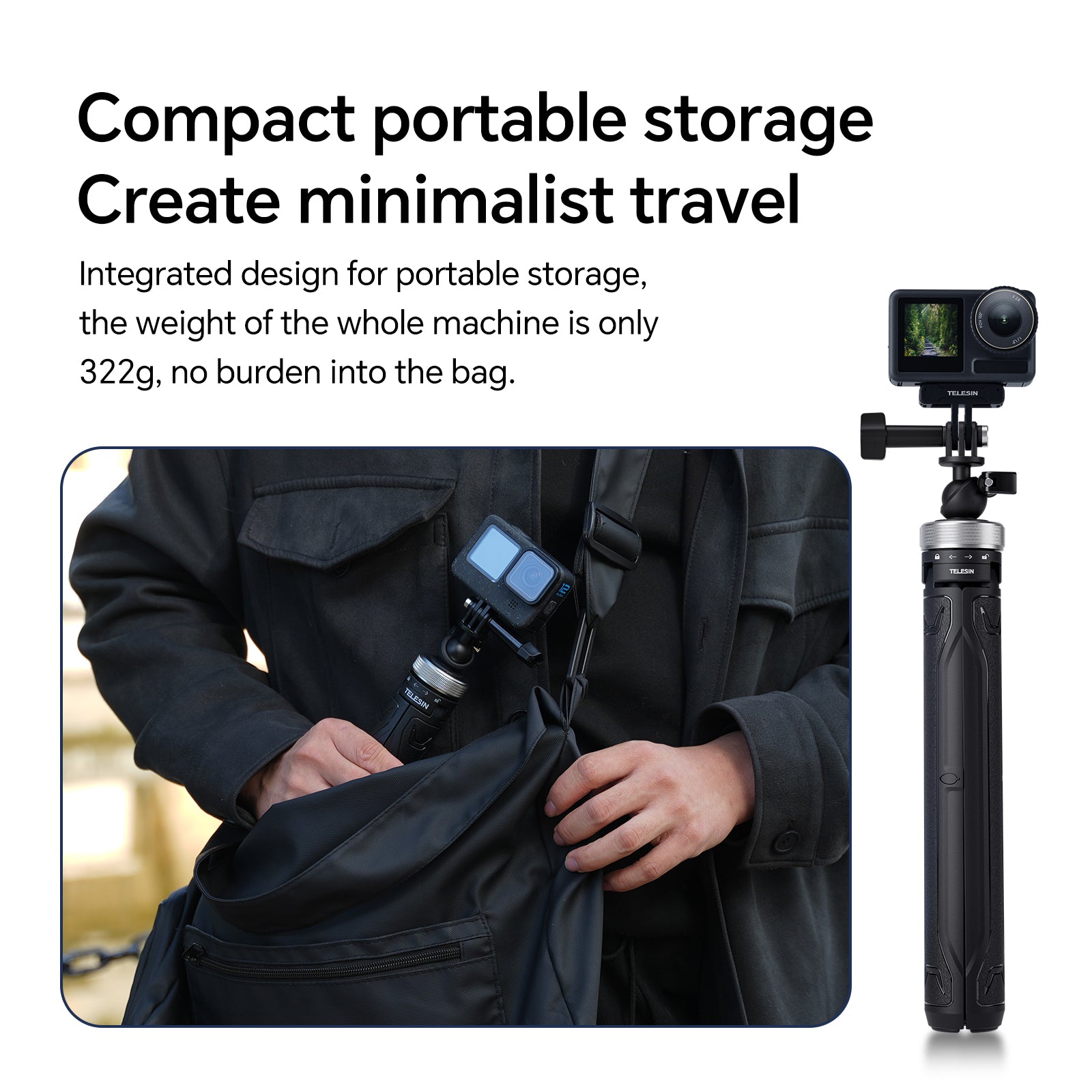TELESIN S1-TSS-01 Selfie Stick Tripod Ball Joint Extension Pole Monopod Handle Grip for GoPro Action Camera