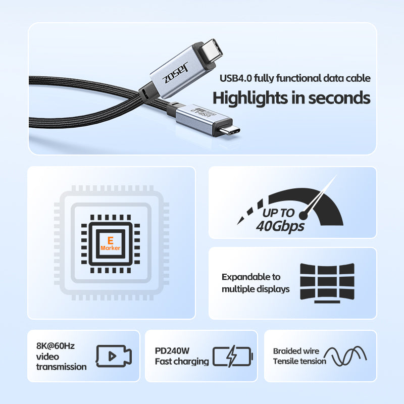 JASOZ D119 1m USB4 8K / 60Hz PD 240W Type-C Fast Charging Cable Compatible with Thunderbolt 3