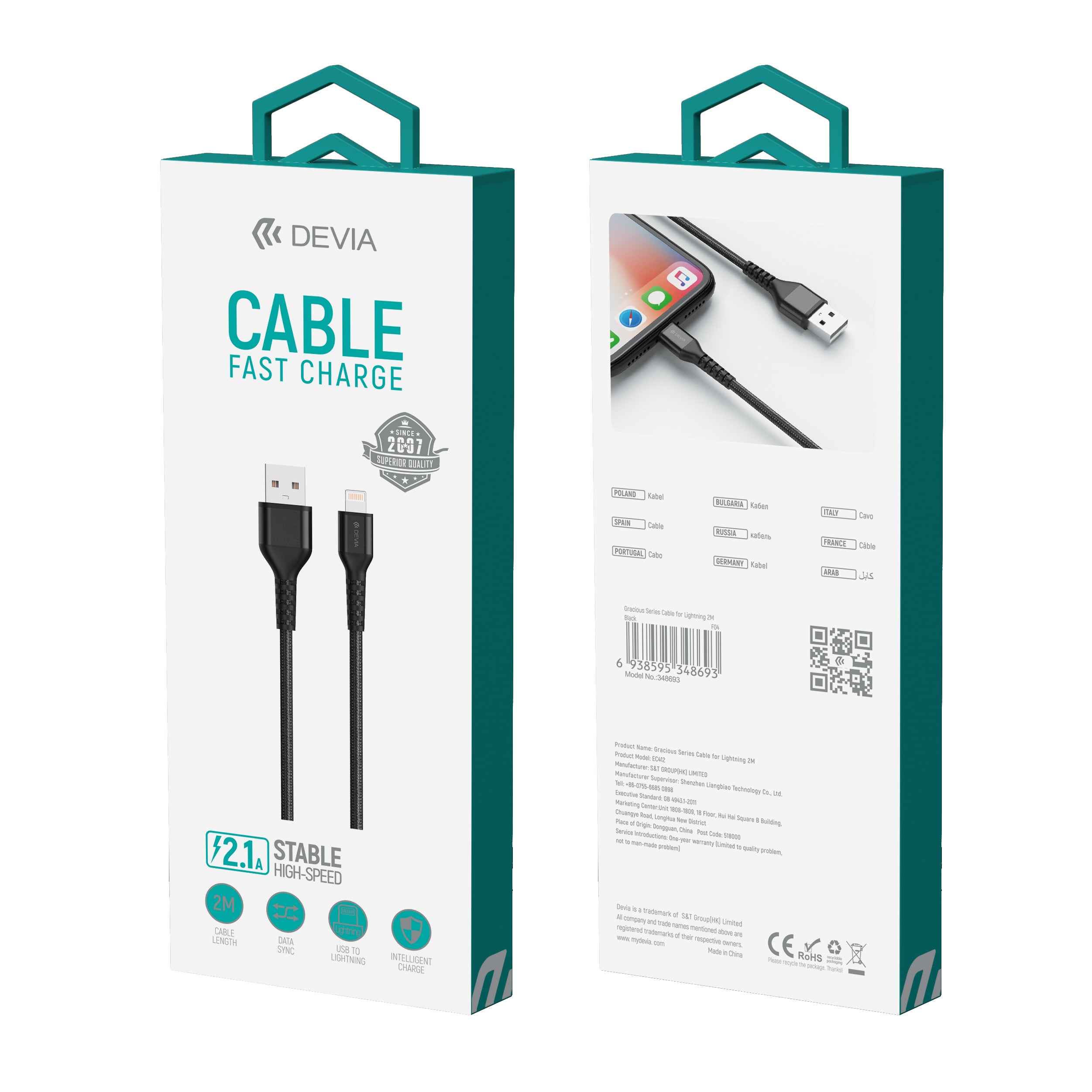 DEVIA Gracious Series EC412 2m USB-A to Lightning Phone Charging Cable Data Sync Braided Cord