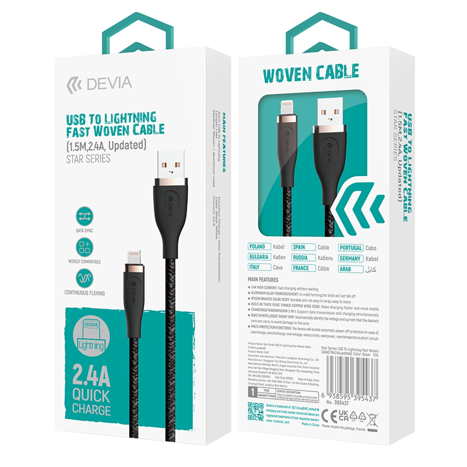 DEVIA Star Series EC417 1.5m USB-A to Lightning 2.4A Quick Charge Cable Data Sync Cord