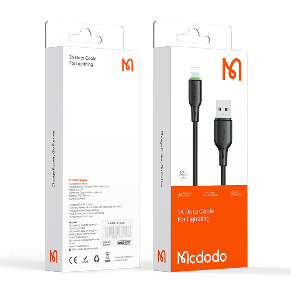 MCDODO Alpha Series CA-474 1.2m USB-A to Lightning Cable 3A Silicone Data Cord