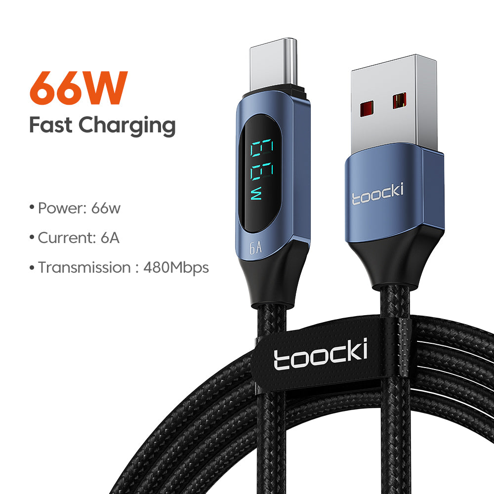 TOOCKI TQ-X03A2 6A Digital Display USB-C Data Cable, 2-Meter Braided Charging Cord