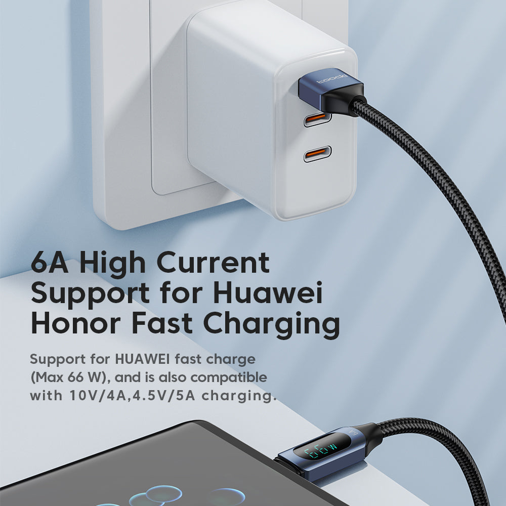 TOOCKI TQ-X03A2 6A Digital Display USB-C Data Cable, 2-Meter Braided Charging Cord