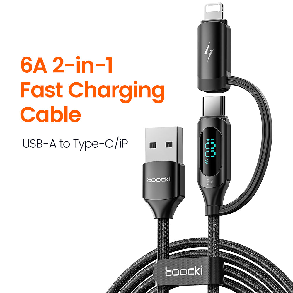 TOOCKI TQ-X72A 2-in-1 USB-A to Type-C / iP Data Cable, 1m 6A 66W Fast Charging Cable with Digital Display