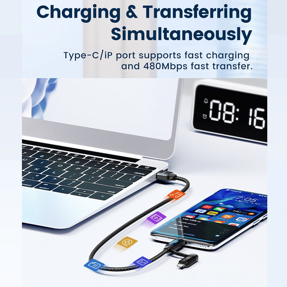 TOOCKI TQ-X72A 2-in-1 USB-A to Type-C / iP Data Cable, 1m 6A 66W Fast Charging Cable with Digital Display