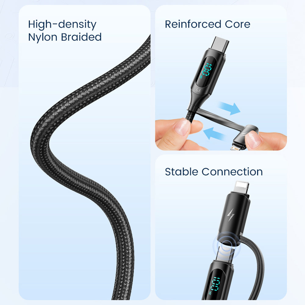 TOOCKI TQ-X72A 2-in-1 USB-A to Type-C / iP Data Cable, 1m 6A 66W Fast Charging Cable with Digital Display