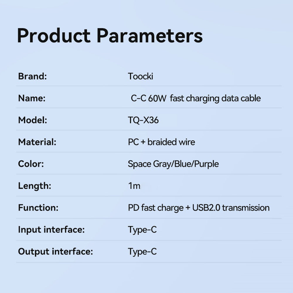 TOOCKI TQ-X36C2 1m E-Marker Chip PD 60W Fast Charging Type-C Cable