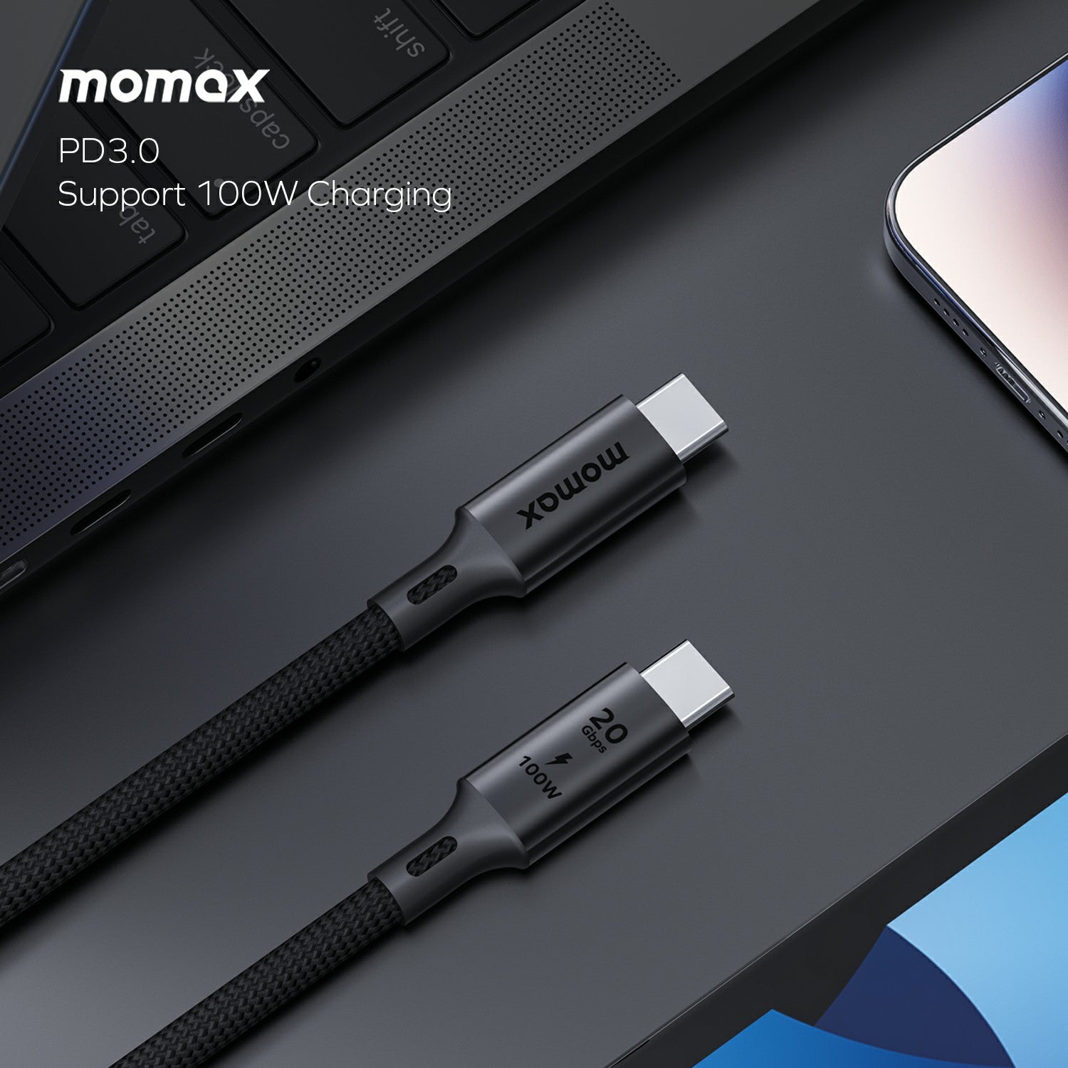MOMAX Elite 1m USB3.2 Type-C to Type-C PD 100W Fast Charging Braided Data Cable
