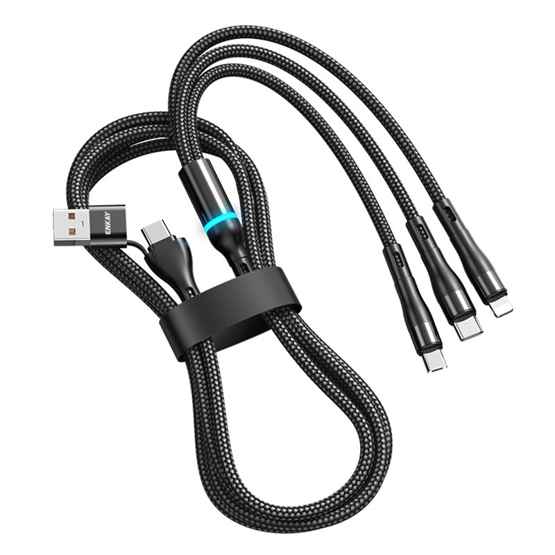 ENKAY 1.3m USB / Type-C to iP / Type-C / Micro USB 5A Fast Charge Data Cable with LED Indicator, Nylon Braided