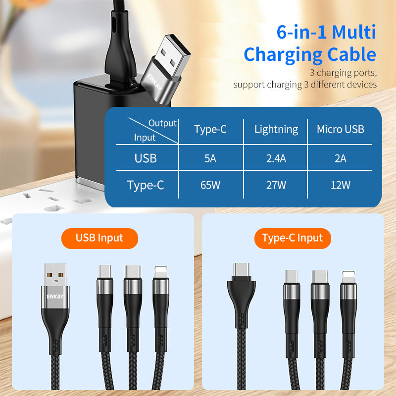 ENKAY 1.3m USB / Type-C to iP / Type-C / Micro USB 5A Fast Charge Data Cable with LED Indicator, Nylon Braided