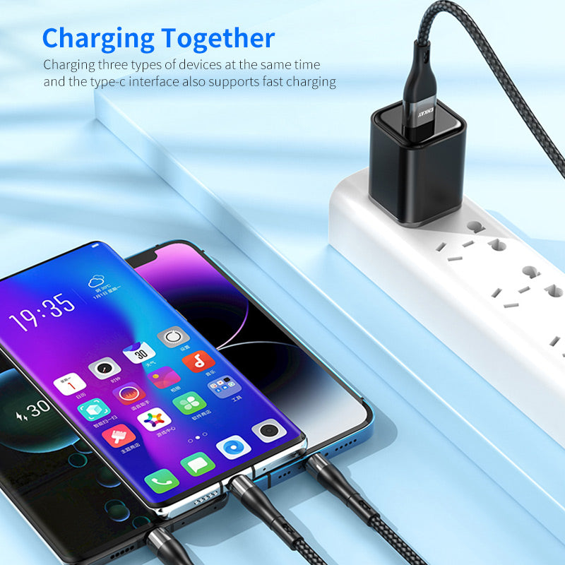 ENKAY 1.3m USB / Type-C to iP / Type-C / Micro USB 5A Fast Charge Data Cable with LED Indicator, Nylon Braided
