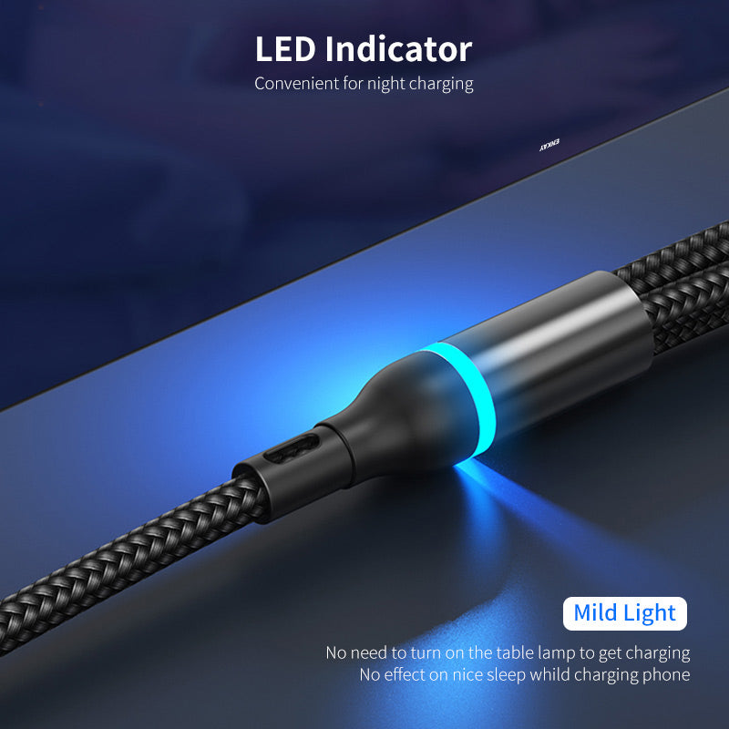 ENKAY 1.3m USB / Type-C to iP / Type-C / Micro USB 5A Fast Charge Data Cable with LED Indicator, Nylon Braided