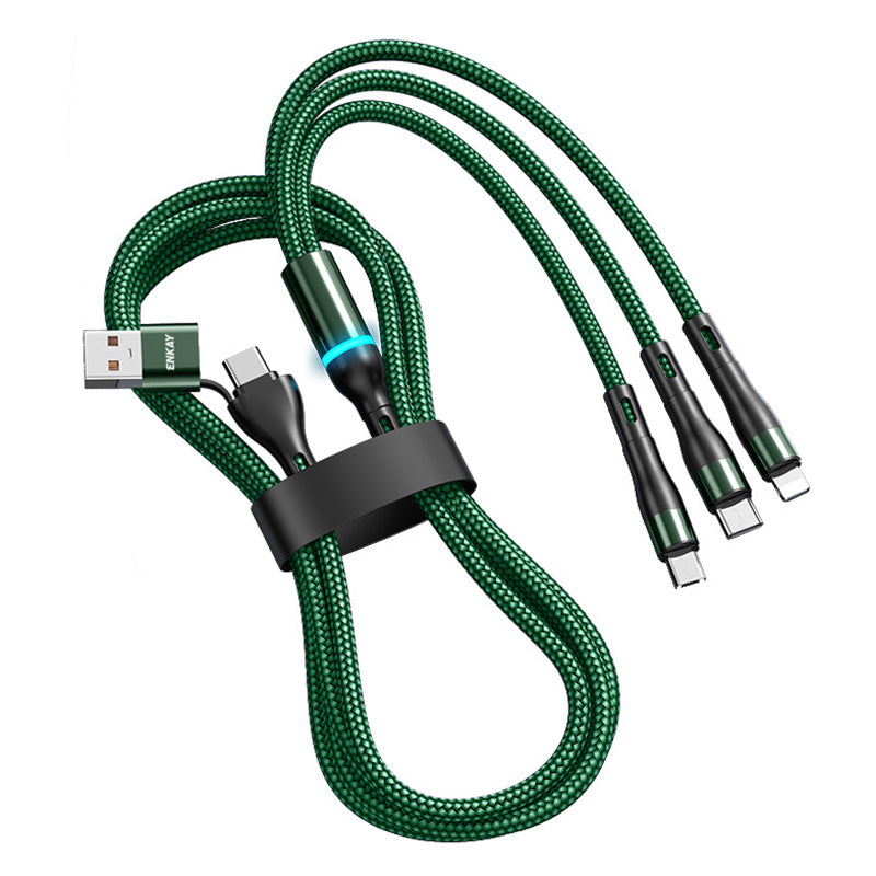 ENKAY 1.3m USB / Type-C to iP / Type-C / Micro USB 5A Fast Charge Data Cable with LED Indicator, Nylon Braided