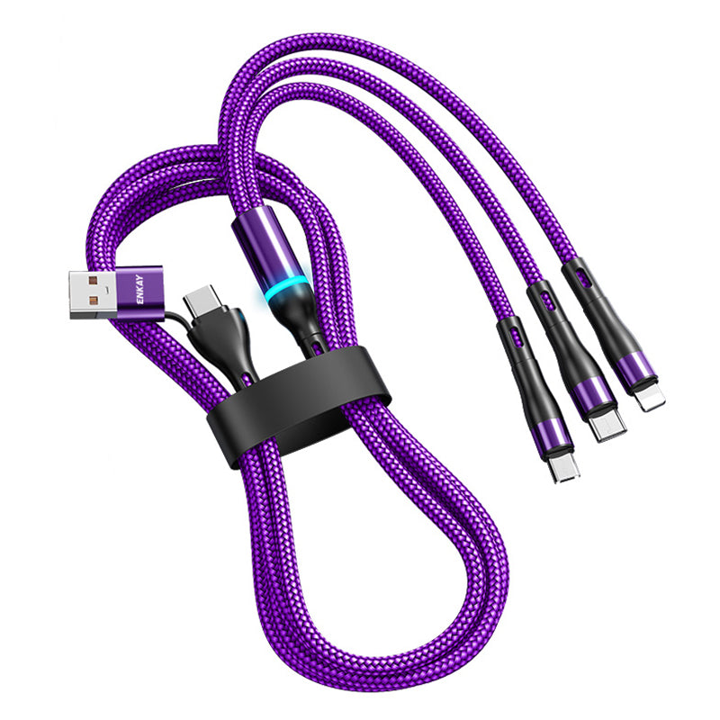ENKAY 1.3m USB / Type-C to iP / Type-C / Micro USB 5A Fast Charge Data Cable with LED Indicator, Nylon Braided