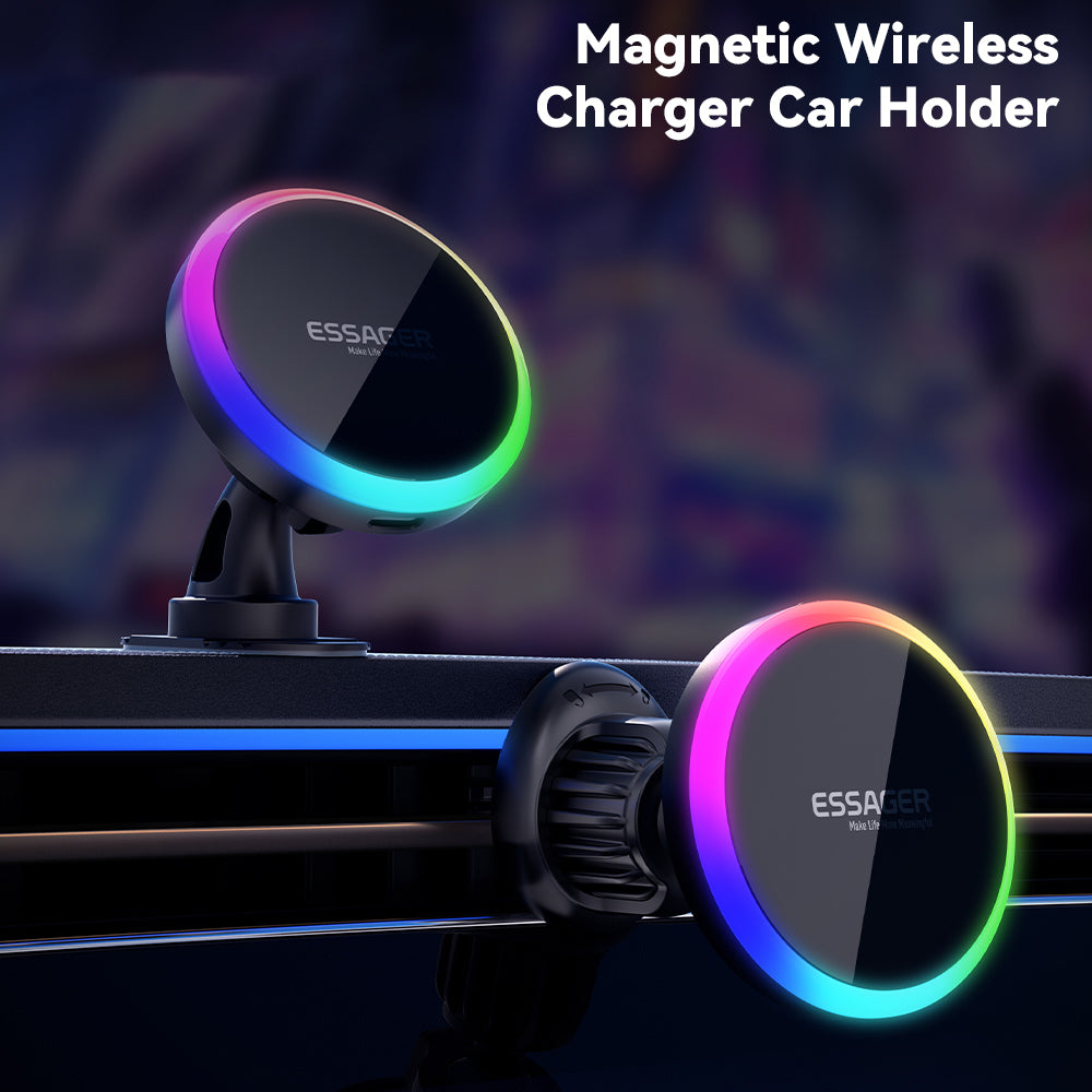 ESSAGER ACPH004 Car Magnetic Wireless Charger Colorful Light Air Vent Dashboard Mount Phone Charging Bracket