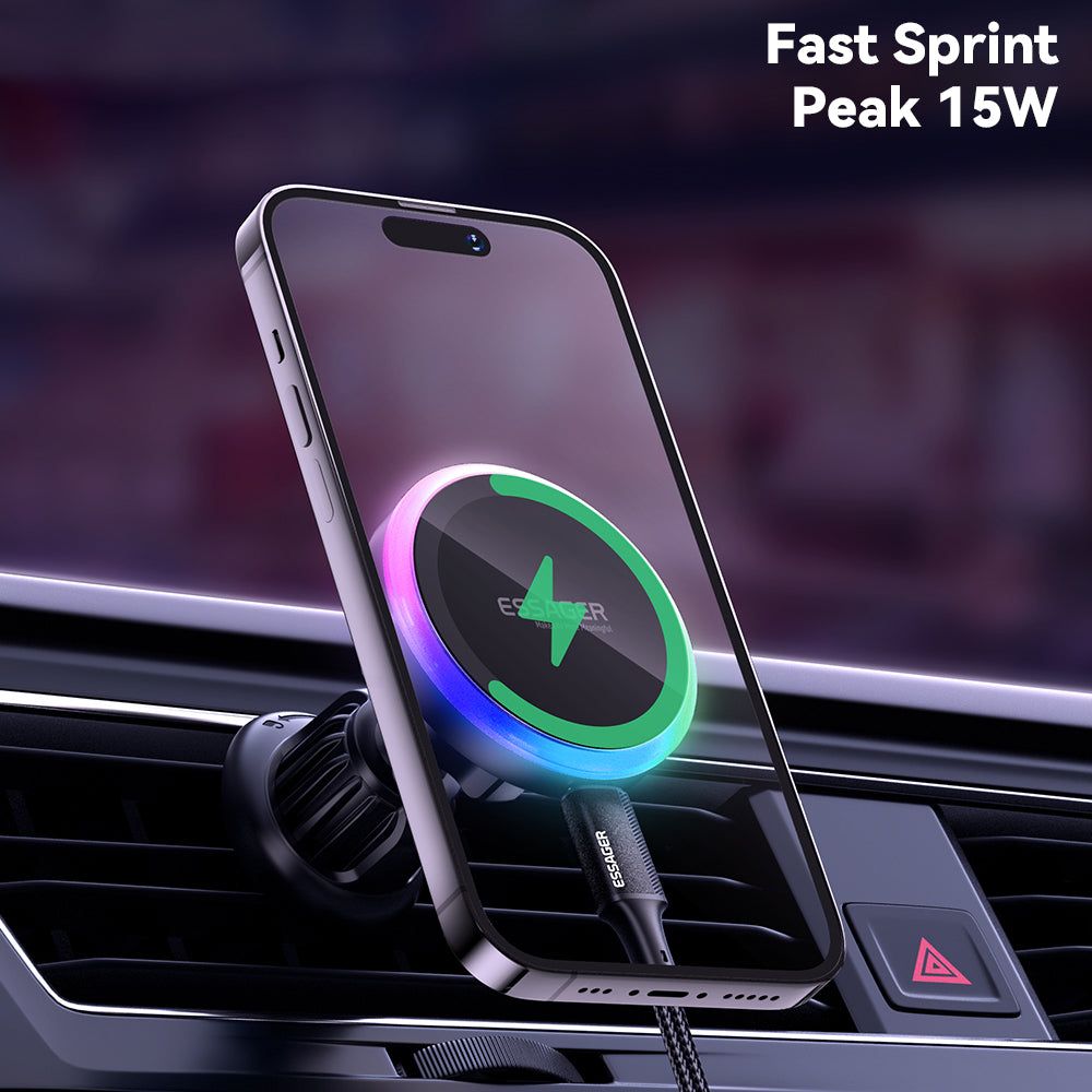 ESSAGER ACPH004 Car Magnetic Wireless Charger Colorful Light Air Vent Dashboard Mount Phone Charging Bracket