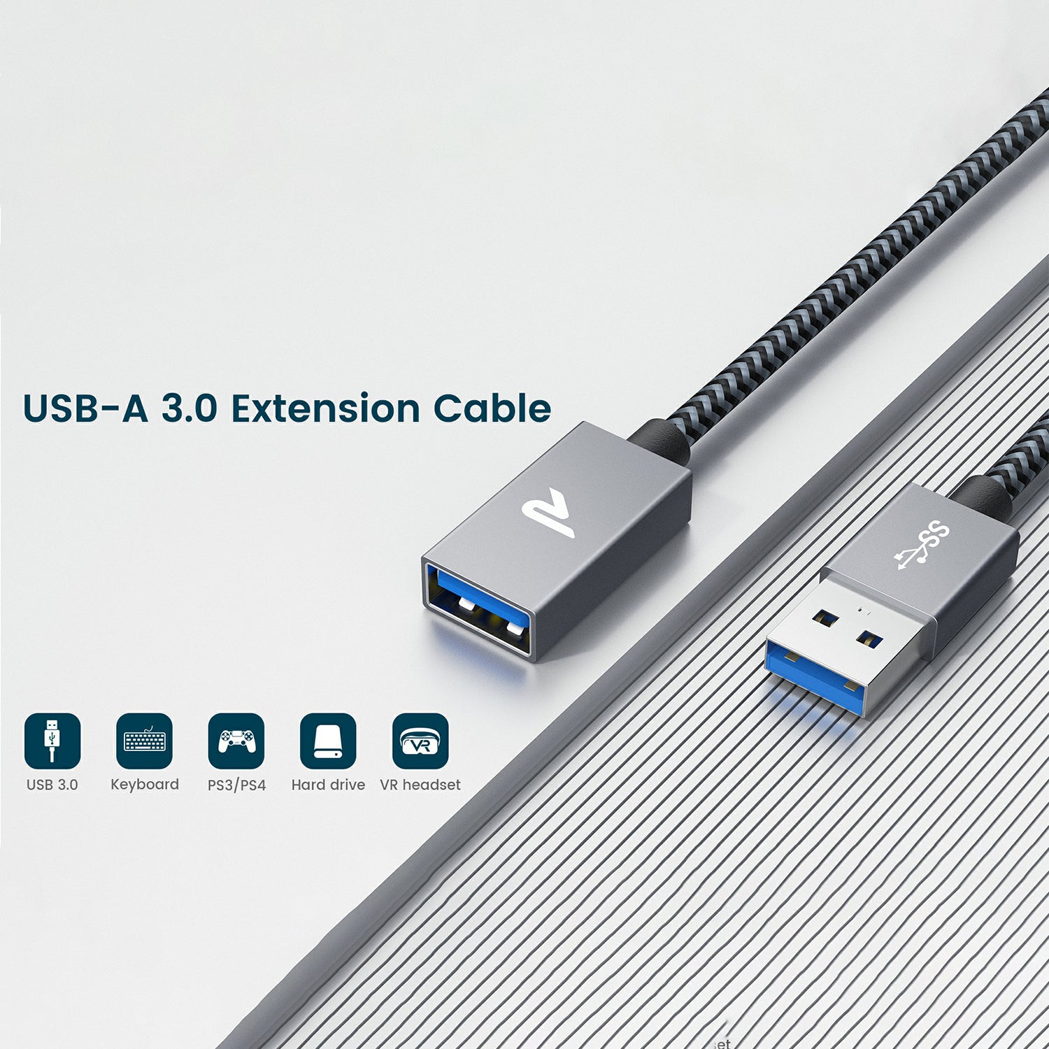 RAMPOW 1m USB-A Male to USB-A Female Extension Cable USB 3.0 5Gbps Nylon Braided Data Cable